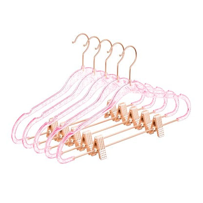 MIZGI Slim Rose Gold Glitter Pants & Skirt Hangers (20 Pack) - Adjustable Rose Gold Clips & Hooks, Pink Transparent Non-Felt, Space-Saving for Dresses, Shirts, Blouses - color: Pink Glitter/Rosegold, size: 20-Pack