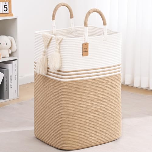Laundry Basket Hamper,Blanket Storage,Dirty Clothes Hamper with Swivel Handles,Woven Cotton Rope Toy Baskets,Blanket Basket Living Room,Decorative Hampers for Nursery,Bedroom,White & Brown,60L - color: White & Brown, size: 60L