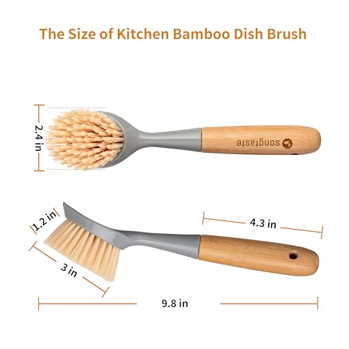 2 Pack Kitchen Dish Brush Bamboo Handle Dish Scrubber Built-in Scraper - style: Gray