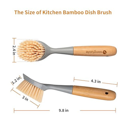 2 Pack Kitchen Dish Brush Bamboo Handle Dish Scrubber Built-in Scraper - style: Gray