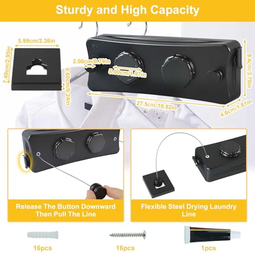 Longzhuo16.7 Ft Retractable Clothesline Indoor, 2 Wire Holds 88 lb(Single 44 lb) Wall Mounted Prevent Sagging Clothes Drying Line, for Balcony, Laundry Room, Yard, Dormitory (Black)
