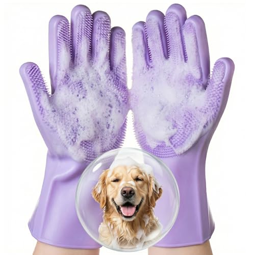 Silicone Pet Grooming Gloves Dog Washing Gloves for Bathing, 1 Pair Purple - color: purple, size: Medium