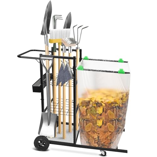 CAROD Mobile Trash Bag Holder and Tools Organizer Cart 2-in-1, Metal Cleaning Carts on 360° Wheels, Convenient Leaf Bag Holder Cleaning Cart for Leaves, Snow, Indoor-to-Outdoor Maintenance