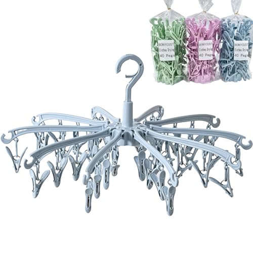Clothes Sock Drying Hanger with 40 Clips,Foldable Hanging Rack - color: Blue40