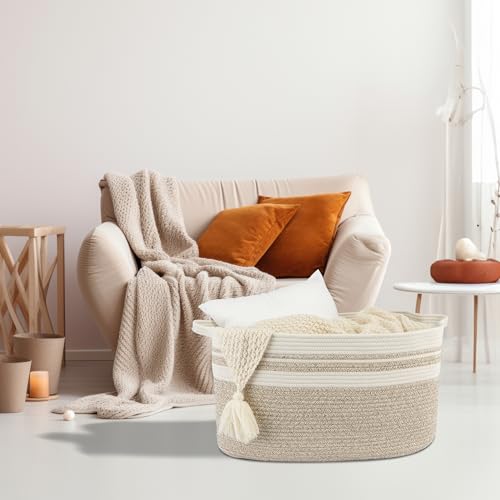 XUANGUO Large Woven Cotton Rope Blanket Basket 22"x17"x12" White Brown - color: white and brown
