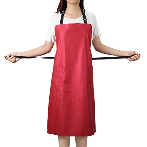 Waterproof Rubber Adjustable Dishwasher Apron for Women Men with 2 Pockets - color: Red-with Pockets