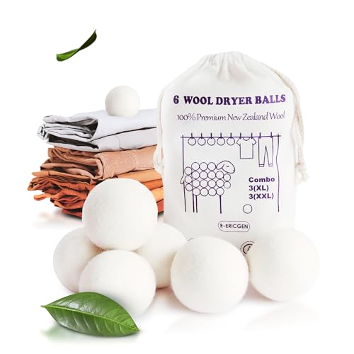Wool Dryer Balls XL 6-Pack (3 XXL + 3 XL) – 100% New Zealand Wool, Hypoallergenic, Chemical-Free Fabric Softener – Reusable for 1,500+ Loads – Anti-Static & Baby-Safe