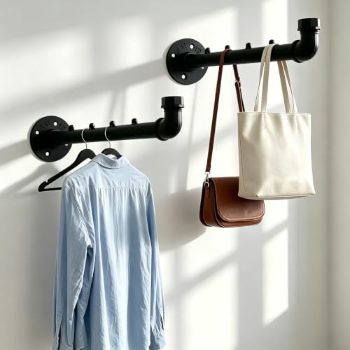 Industrial Wall Pipe Clothes Bar,Wall Mounted Closet Bar - color: Black 2 Pack