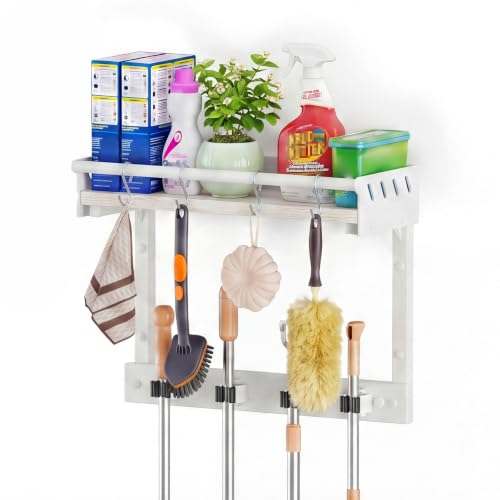 Broom Holder Wall Mount with Shelf,Broom Hanger with 4 Hooks,Broom and Mop Organizer Wall Hanging for Laundry,Garage, Utility,Broom Rack,Cleaning Supplies Organizer and Tool Storage,White - color: White, size: S