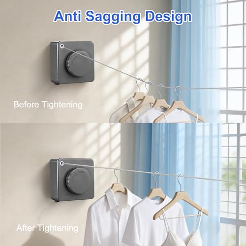 15.7Ft Retractable Clothesline Indoor Outdoor is Also an Anti-sag Clothes line for Indoors, Stainless Steel Wire Retractable Laundry Line for Drying Clothes, with 10 Windproof Clips (Gray) - color: Gray