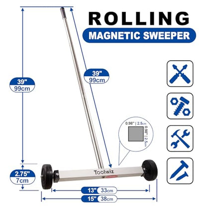 Toolwiz 15" Rolling Magnetic Sweeper with Telescopic Magnetic Pick Up Tool - size: 15 inches + 16 LB Pick Up Tool