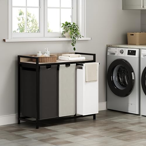 Herture Laundry Hampers with Shelf, Laundry Basket 3 Section, 3 x 15.87 Gal - color: Greige + 3-Color, size: 3 Bags-180 L