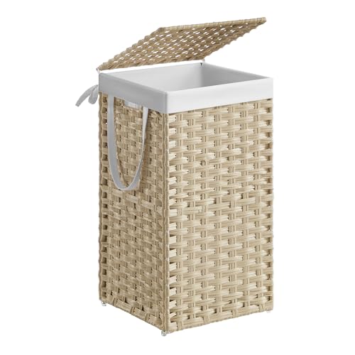 SONGMICS Laundry Hamper with Lid, 17.2 Gal (65 L) Synthetic Rattan,Foldable - color: Summer Sand, size: 65 L