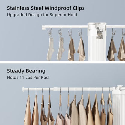 BIREN Clothes Drying Rack Foldable Extending Laundry Rack with 16 Clips Collapsible Clothing Rack Space-Saving Clothing Racks for Hanging Clothes, Indoor, Camping, Balcony, Outdoor - color: White