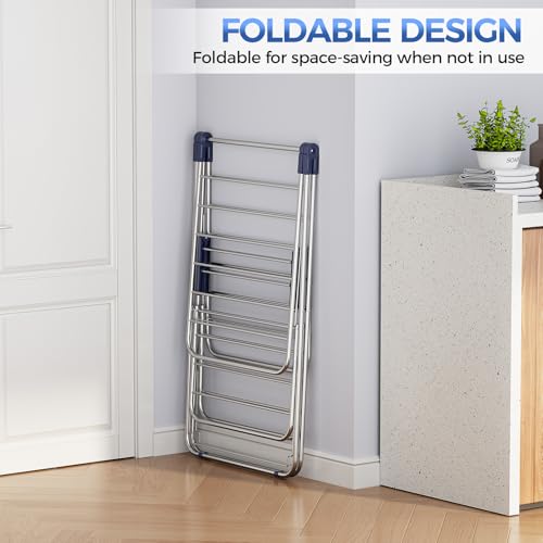 APEXCHASER Large Stainless Steel Clothes Drying Rack, Generous Drying Area - color: Matte Blue, size: 4 Wings
