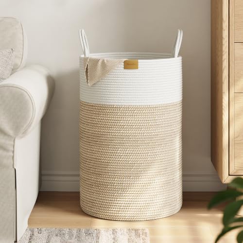 Nunsino Laundry Hamper 75L,Large Laundry Basket for Clothes,Decorative Storage Basket for Blankets,Cotton Rope Woven basket for bedroom,Brown White - color: Brown&White, size: 75L/19.8Gal