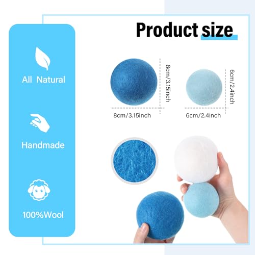24 Pack Blue Wool Laundry Balls, 3.15'', 2.4'' Reusable Laundry Wool Dryer Balls Natural No Lint Fabric Softener for Clothing Wrinkles - color: Blue
