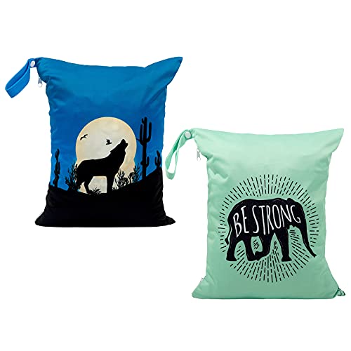 ALVA ALVABABY 2pcs Cloth Diaper Wet Dry Bags Waterproof Reusable with Two Zippered Pockets Travel Beach Pool Daycare Soiled Baby Items Yoga Gym Bag for Swimsuits or Wet Clothes LX-AMD0912 - color: 04 Elephant and night Wolf