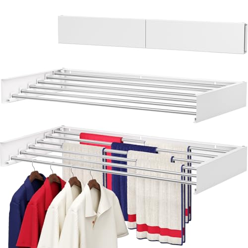Wall Mounted Drying Rack 40", Foldable Laundry Drying Rack with Stainless Steel Rods, Retractable Laundry Space Saver for Indoor & Outdoor Use, Include Wall Template - color: White, size: 40" Wide