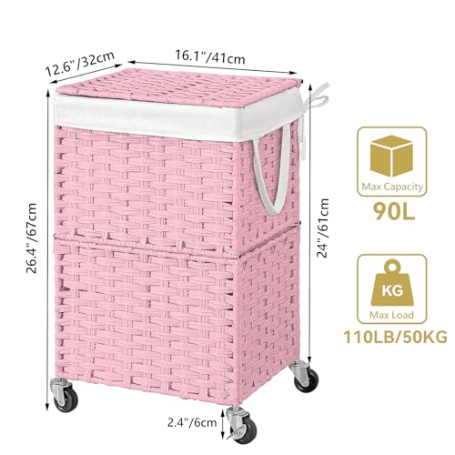 Chrislley Wicker Laundry Basket with Wheels,Rolling Laundry Hamper with Lid - color: Pink