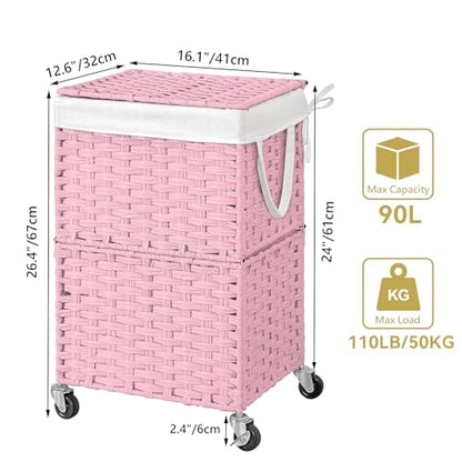 Chrislley Wicker Laundry Basket with Wheels,Rolling Laundry Hamper with Lid - color: Pink