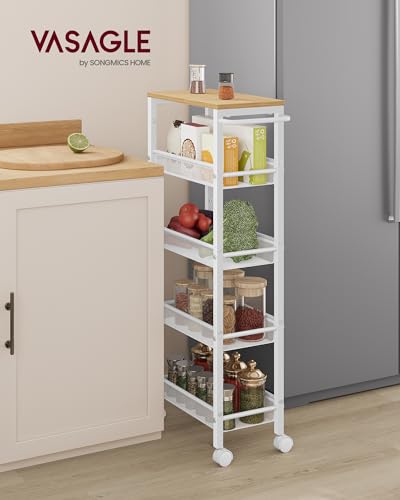 VASAGLE 5-Tier Slim Rolling Storage cart with Wheels, 8.7 Inches, Metal - color: Oak Beige + Classic White, size: 5 Tiers (8.7"D x 39.2"H)