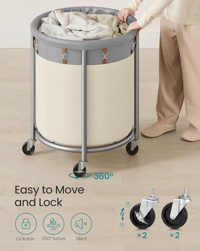 SONGMICS Laundry Basket with Wheels, 190 L, Steel Frame, Removable Bag - color: Dove Gray + Cream White, size: 190 L (1-Section)