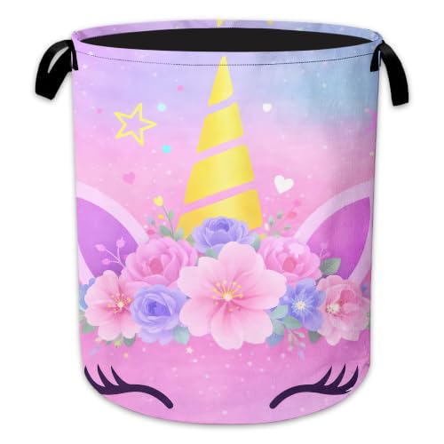Unicorn Floral Laundry Hamper, Pink Stars Laundry Baskets, Waterproof Oxford Cloth for Room/Bathroom/Bedroom/Dormitories 16x20.8 Inch - color: Unicorn Floral