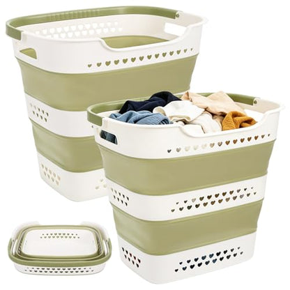 2 Pcs Collapsible Laundry Baskets for Clothes, 43L Plastic Laundry Hamper for Dorm Bedroom, Space Saving Pop-Up Laundry Hamper Container, Durable Foldable Laundry Basket with Handles (Matcha-Green) - color: Matcha-Green
