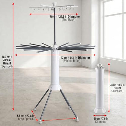 Clothes Drying Rack Foldable with Rolling Wheels, Portable Laundry Drying Rack with 16 Aluminum Arms, Stable 4-Leg Base, 360° Rotating Design for Indoor Outdoor (Double-tier without shoe rack) - size: 2-Tier