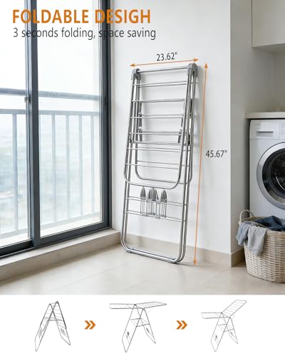Clothes Drying Rack Foldable -Height Adjustable Laundry Drying Rack Large Space, Winged Laundry Rack with Sock Clips for Hanging Towels Clothes Dress Bedding Indoor Outdoor, Gray - size: 1-Level
