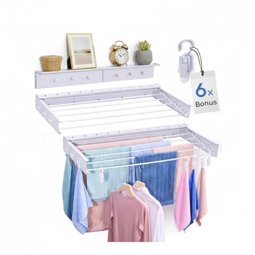 40" Premium Aluminium Foldable Clothes Drying Rack Included Shelf with 6 Rods & 6 Extra Clips - Large Laundry Rack | 65 LBs Capacity Space-Saving Collapsible Design for Indoor Outdoor Use