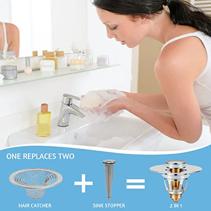 2Pcs Bathroom Sink Stoppers ，Pop Up Drain Stopper for Bathroom Sink，‎2-in-1 Sink Stopper & Strainer,Universal Wash Basin Sink Stopper，for 1.1"~1.5" Bathroom Sink Drain（Silver） - color: Silver*2