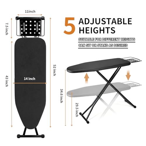 Ironing Board, 43x14 Inch Iron Board with Steam Rest, Heavy Duty Metal Frame Legs Ironing Table with Heat Resistant Cover Mat, Foldable Full Size Hanger Ironing stand (Silver, 52"L x 14"W x 34.6"H) - color: Silver