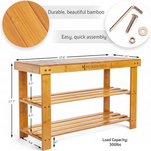 Purawood Bamboo 3 Tier Shoe Rack Bench, Premium Shoe Organizer or Entryway Bench, Perfect for Shoe Cubby, Entry Bench, Bathroom Bench, Entryway Organizer, Hallway or Living Room