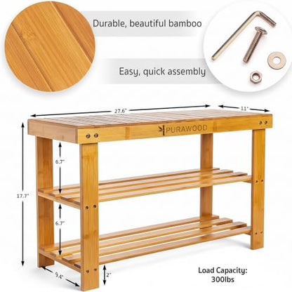 Purawood Bamboo 3 Tier Shoe Rack Bench, Premium Shoe Organizer or Entryway Bench, Perfect for Shoe Cubby, Entry Bench, Bathroom Bench, Entryway Organizer, Hallway or Living Room