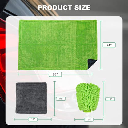 BRUSH FAMILY 3 Pack Car Microfiber Towels with Car Wash Mitt