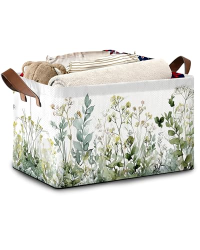 Wildflowers Herb Plants Storage Baskets,Foldable Large Capacity Organizer Bins with Waterproof Lining and Leather Handles for Closet,Shelf,Bedroom 17x11.5x10Inch - color: Wildflowers Herb Plants