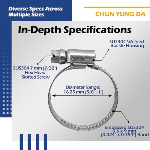 10 Pack SAE Size 8 Stainless Steel Hose Clamps, German Style Embossed Worm Gear Clamp, Adjustable 5/8 to 1 inch (16-25mm) for Small Engine Fuel Line Plumbing - size: 5/8 to 1 inch (10 Pack)
