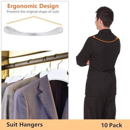 DEDU Suit Hangers for Men 10 Pack, Sweater Hangers No Shoulder Bump Non Slip Width 17.7", Plastic Clothes Hangers White with Metal Hook - color: White-10