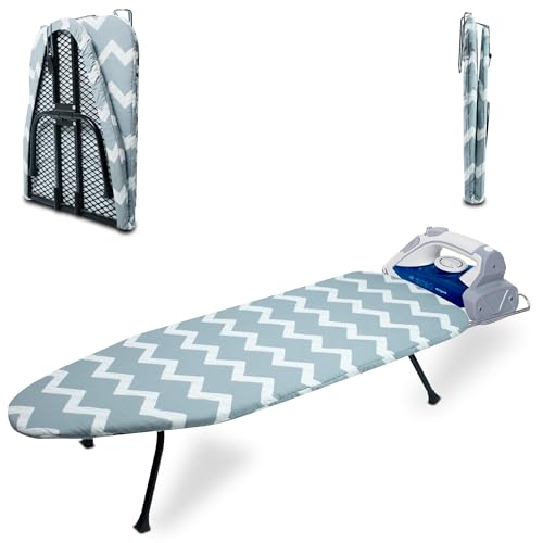 Metal Mesh Panel Tabletop Ironing Board | Foldable Iron Board | Heavy Duty Small Iron Board with Heat Resistant Cover and 100% Cotton 8mm Thicken Pad (Elegant Wave) - color: Light Blue/White