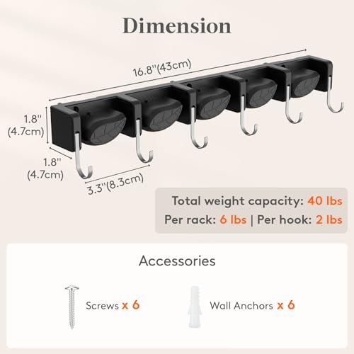 Lifewit Mop and Broom Holder Organizer Wall Mount Non-Slip, 1 Pack, Black - color: Black