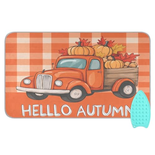 Autumn Truck Pumpkin Leaves Ironing Mat Portable Ironing Pad Blanket with Silicone Iron Rest for Table Top Travel Heat Resistant Double-Side Using Large 47x28 Inch Foldable - color: Autumn Truck Pumpkin Leaves
