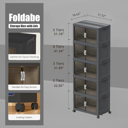 Collapsible Storage Bins with Lids and Front Doors, Heavy-Duty Stackable Plastic Organizers, Folding Utility Storage Boxes for Garage, Office, Pantry and Home (5, Dark Grey, 9 Gal/Rack) - color: Dark Grey, size: 9 Gal/Rack