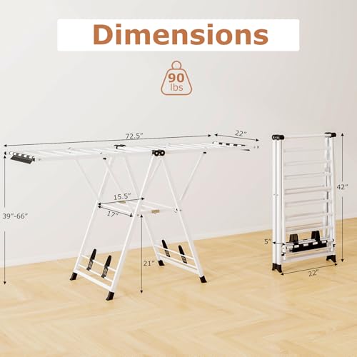 GIANTEX Foldable Metal Clothes Drying Rack, 72.5" Height Adjustable Wings - color: White, size: 72.5"L x 39"-66"H