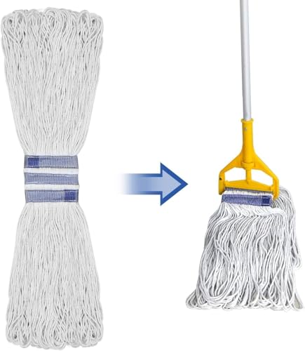 Tidy Monster 24 oz Loop End Mop Head, Heavy Duty Mop Head Replacement with 6 Inch Headband, Machine Washable String Mop Refill Fits Most Clamp and Side Loading Handles for Home & Commercial Cleaning - color: White