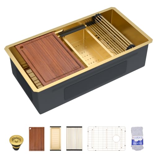 Dcolora 36"x19" Gold Undermount Stainless Steel Workstation Kitchen Sink - color: Gold, size: 36"x19"