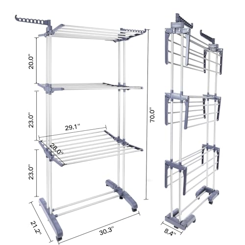 Heavy Duty Clothes Drying Rack, 4-Tier Foldable Laundry Drying Rack 70" Tall, Freestanding Stainless Steel Drying Rack with Collapsible Base & 24 Hanging Rods for Clothing, Bed Linens, Towels - Gray