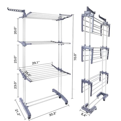 Heavy Duty Clothes Drying Rack, 4-Tier Foldable Laundry Drying Rack 70" Tall, Freestanding Stainless Steel Drying Rack with Collapsible Base & 24 Hanging Rods for Clothing, Bed Linens, Towels - Gray