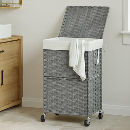 Chrislley Wicker Laundry Basket with Wheels,Rolling Laundry Hamper with Lid - color: Grey